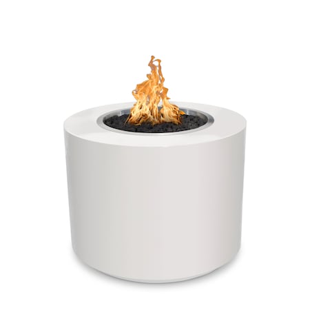 The Outdoor Plus 30 Round Beverly Fire Pit, Powder Coated Metal, White, Spark Ignition with Flame Sense, Natural Gas OPT-30PCBFSEN-WHT-NG